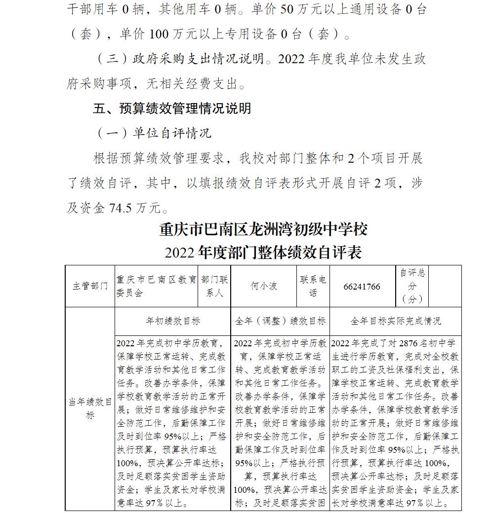 重庆市巴南区龙洲湾初级中学校2022年部门决算说明